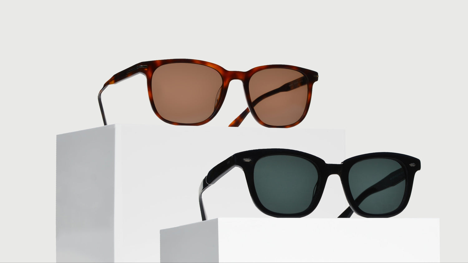 Two wayfarers on white stands. The top pair features a Havana brown thin frame design, the bottom pair shows a classic black wayfarer frame for a timeless look.