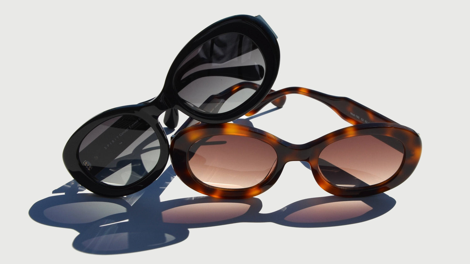 A stylish product arrangement showcasing two pairs of oval shaped eyewear placed against a light, minimalist background. The black eyewear, with sleek frames and gray-tinted lenses, is positioned slightly overlapping the Havana pair, which features brown frames and amber lenses.  