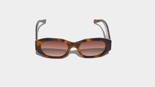 Front view of Havana brown Dakota sunglasses with rectangular frames and warm amber lenses, blending sophistication with classic charm.