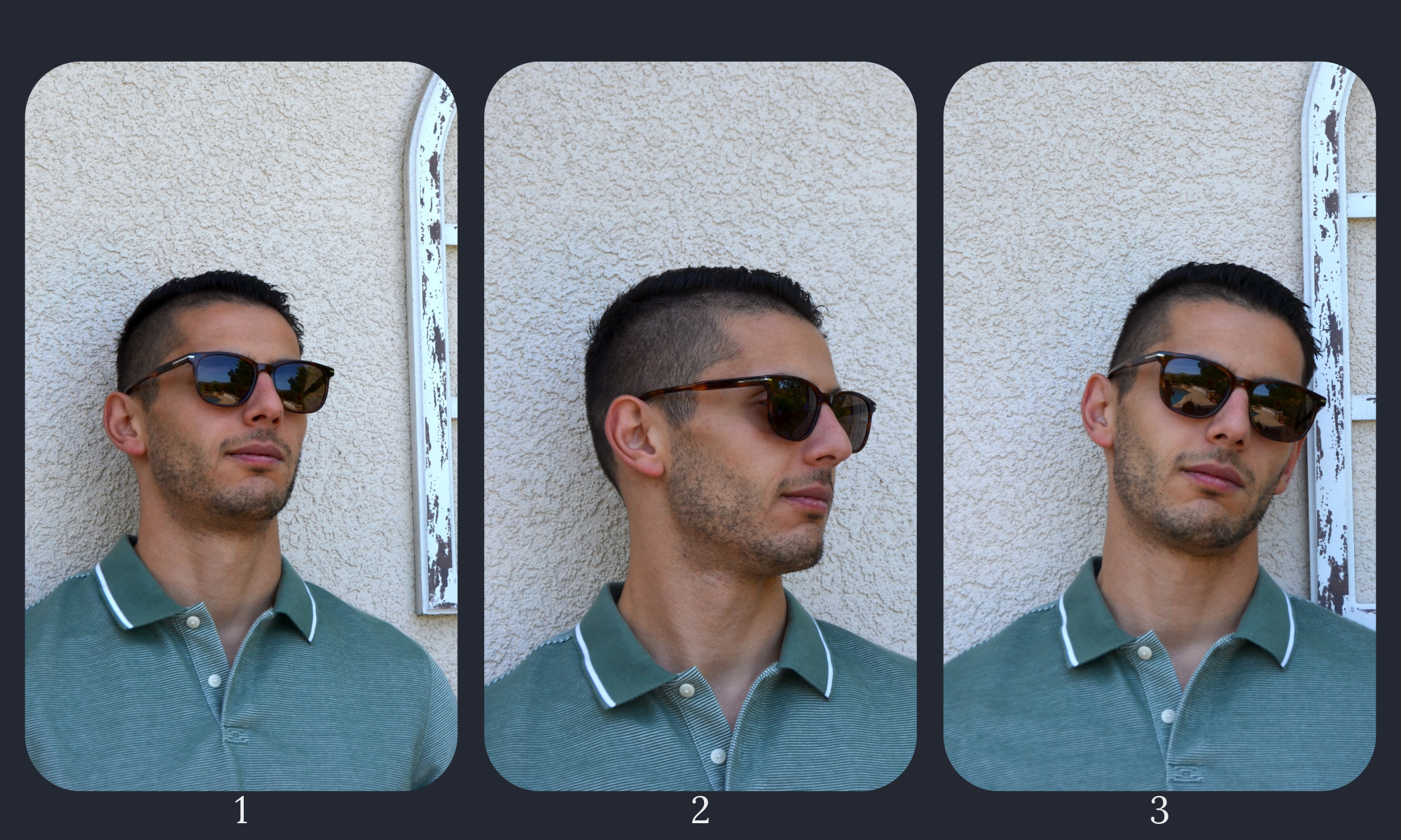 Merhoki Astor eyewear modeled by man wearing green polo front, side, and angled views against wall.